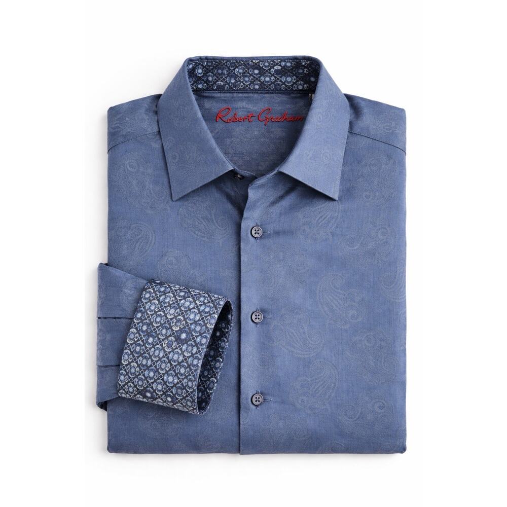Robert Graham Button Up Shirt Mens Large Blue Paisley Flip Cuff Egyptian Cotton